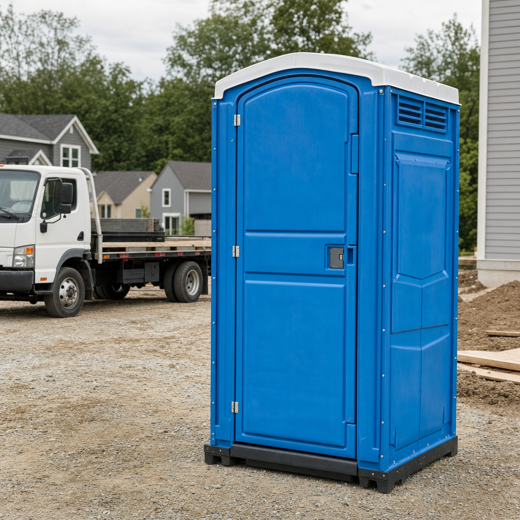 Delivery driver positioning a clean royal-blue portable toilet on level ground at a Longview worksite