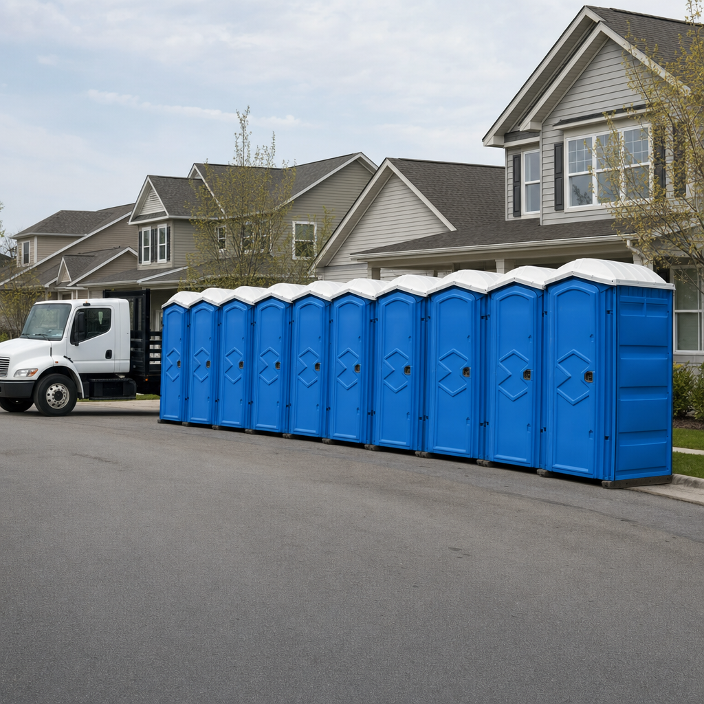 Royal blue portable toilets staged in a tidy row at a Longview jobsite, ready for delivery
